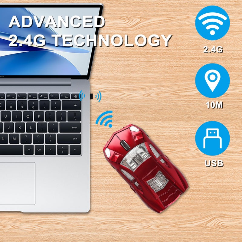 CHUYI Cool Sports Car Shaped Wireless Mouse 1600DPI Cordless Optical Mice with USB Receiver for Office School Home Travel, for PC Laptop Computer Gift (Red-1 Pack) - Image 2
